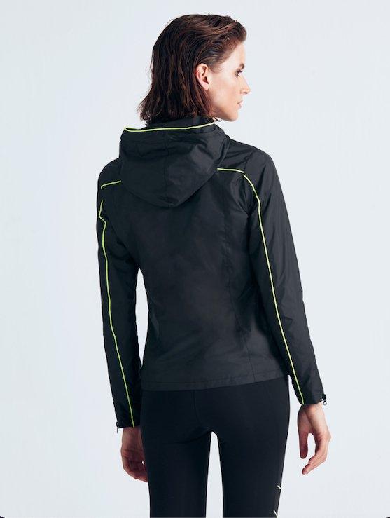 "Back view of the Morgan Black/Neon Yellow Jacket, showcasing the hooded design and vibrant neon yellow accents against a black background."