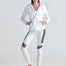 "Front view of Morgan White and Silver Hooded Raincoat showing modern color design, spacious front pockets, and a sleek, stylish look."