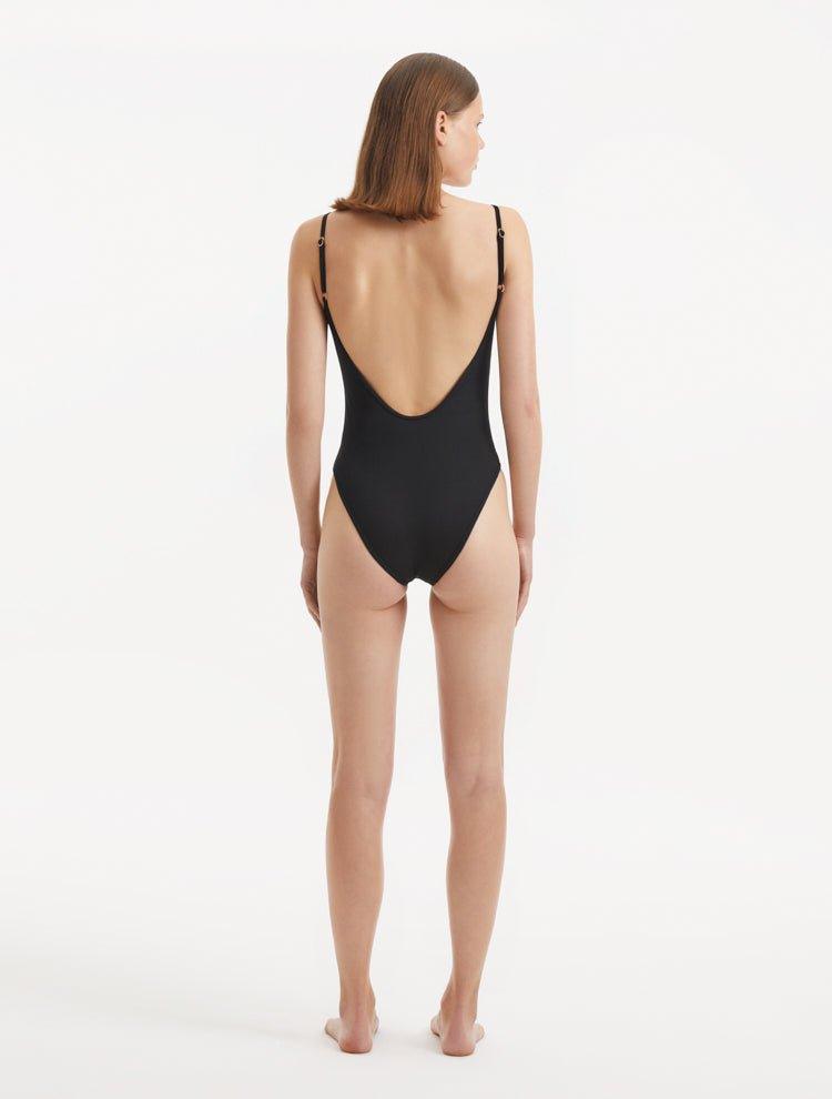 Back view of the Muriel Black Swimsuit, demonstrating the adjustable straps and overall fit.