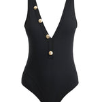  Artistic depiction of the Naida Black Swimsuit, emphasizing the V-neck design and shell-shaped gold buttons in a visually creative manner.