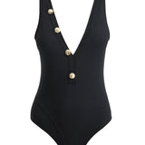  Artistic depiction of the Naida Black Swimsuit, emphasizing the V-neck design and shell-shaped gold buttons in a visually creative manner.