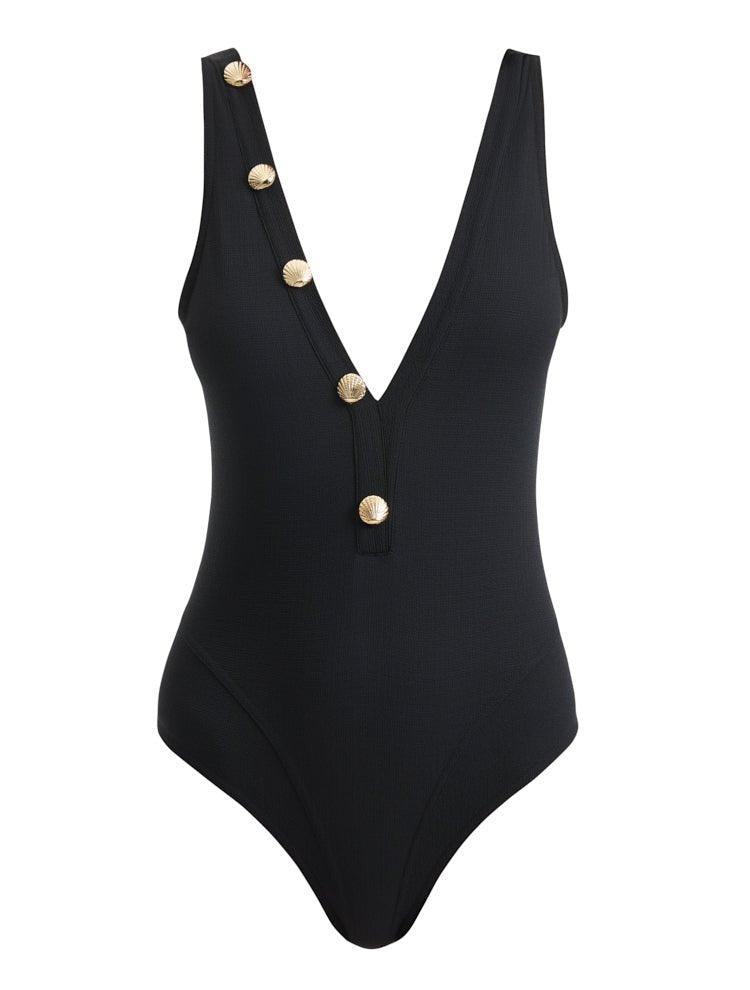  Artistic depiction of the Naida Black Swimsuit, emphasizing the V-neck design and shell-shaped gold buttons in a visually creative manner.