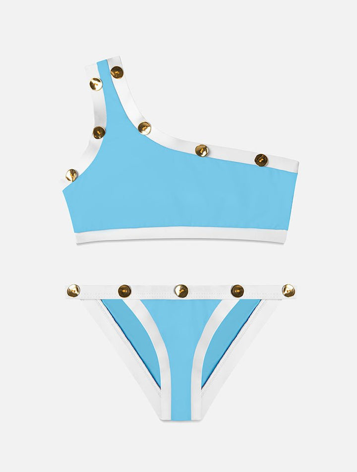 Front View: Nani Blue/White Kids Bikini Set - One Shoulder, Low Waist, Gold Button Details, Full Bottom Coverage , Fully lined, Special Lycra Xtralife Certificate, MOEVA Luxury Swimwear