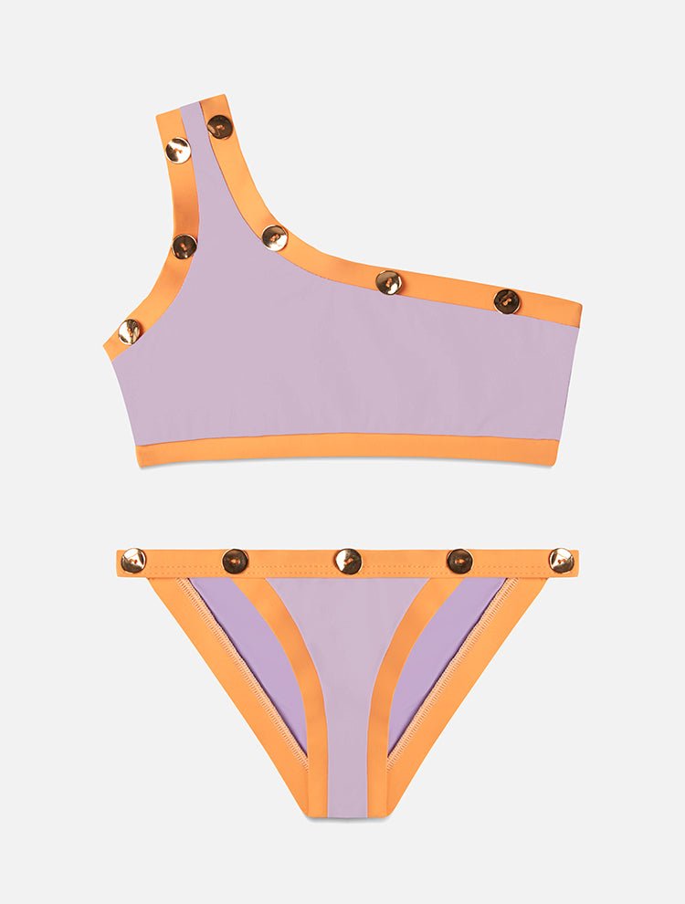 Front View: Nani Lilac/Orange Kids Bikini - One Shoulder, Low Waist, Gold Button Details, Full Bottom Coverage , Fully lined, Special Lycra Xtralife Certificate, MOEVA Luxury Swimwear