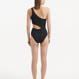 Back view of the Narella Black Swimsuit, highlighting its full coverage and sleek fit.