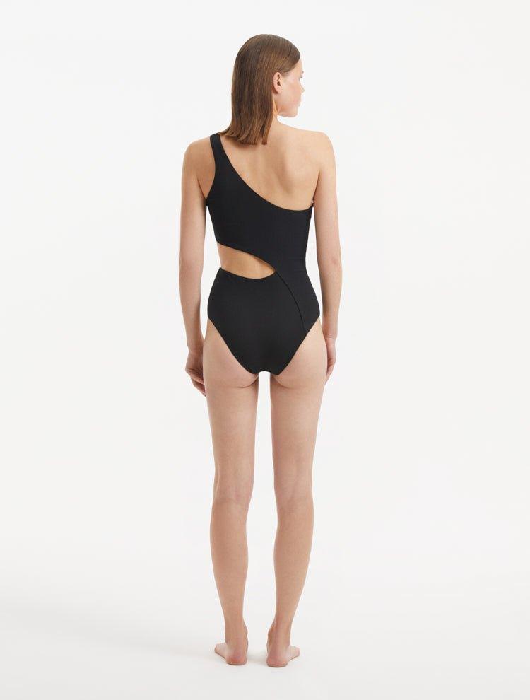 Back view of the Narella Black Swimsuit, highlighting its full coverage and sleek fit.