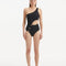 Model wearing the Narella Black Swimsuit, showcasing the elegant one-shoulder design and cutout detail.