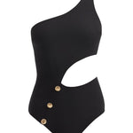  Artistic representation of the Narella Black Swimsuit, featuring the striking black hue and shell-shaped gold buttons in a creative and visually appealing format.