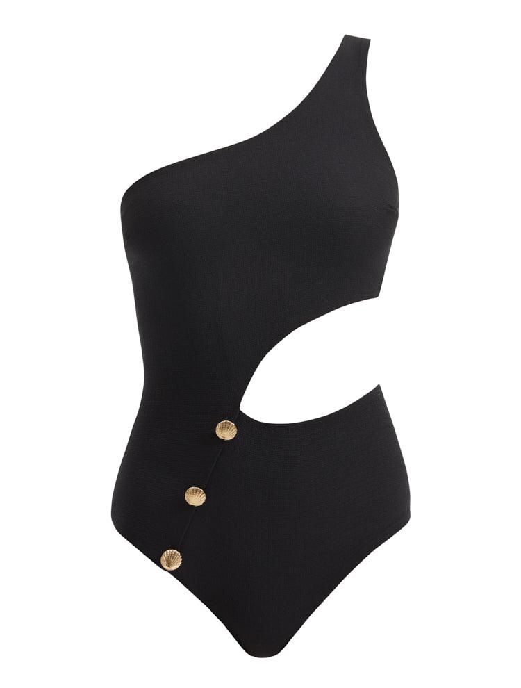  Artistic representation of the Narella Black Swimsuit, featuring the striking black hue and shell-shaped gold buttons in a creative and visually appealing format.