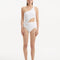 Model showcasing the Narella White Swimsuit, highlighting the elegant one-shoulder design and cutout detail.