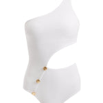 Artistic portrayal of the Narella White Swimsuit, featuring its pristine white color and shell-shaped gold buttons in a stylish and creative format.