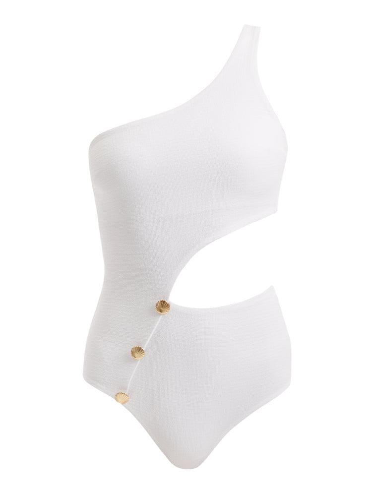 Artistic portrayal of the Narella White Swimsuit, featuring its pristine white color and shell-shaped gold buttons in a stylish and creative format.