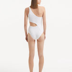 Back view of the Narella White Swimsuit, emphasizing its full bottom coverage and sleek fit.