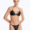 Front View: Model Wearing Nash Black Bikini Set- Triangle Shape, %100 Handmade Macrame, Clear Glass Drop Stoppers, Chic Design, MOEVA Luxury Swimwear