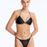 Front View: Model Wearing Nash Black Bikini Top - Triangle Shape, %100 Handmade Macrame, Clear Glass Drop Stoppers, Chic Design, MOEVA Luxury Swimwear