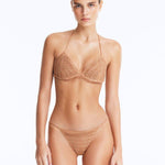 Front View: Model in Nash Bronze Bikini Set- Triangle Shape, %100 Handmade Macrame, Clear Glass Drop Stoppers, Chic Design, MOEVA Luxury Swimwear