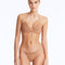 Front View: Model in Nash Bronze Bikini Set- Triangle Shape, %100 Handmade Macrame, Clear Glass Drop Stoppers, Chic Design, MOEVA Luxury Swimwear