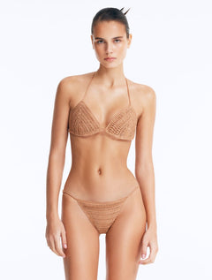 Front View: Model in Nash Bronze Bikini Top - Triangle Shape, %100 Handmade Macrame, Clear Glass Drop Stoppers, Chic Design, MOEVA Luxury Swimwear