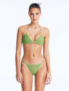 Front View: Model Wearing Nash Green Bikini Set- Triangle Shape, %100 Handmade Macrame, Clear Glass Drop Stoppers, Chic Design, MOEVA Luxury Swimwear