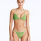 Front View: Model Wearing Nash Green Bikini Set- Triangle Shape, %100 Handmade Macrame, Clear Glass Drop Stoppers, Chic Design, MOEVA Luxury Swimwear