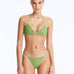 Front View: Model Wearing Nash Green Bikini Set- Triangle Shape, %100 Handmade Macrame, Clear Glass Drop Stoppers, Chic Design, MOEVA Luxury Swimwear