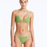 Front View: Model Wearing Nash Green Bikini Set- Triangle Shape, %100 Handmade Macrame, Clear Glass Drop Stoppers, Chic Design, MOEVA Luxury Swimwear