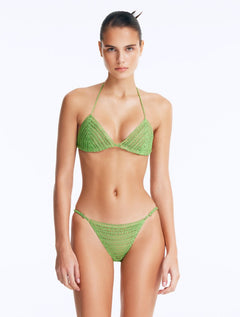 Front View: Model Wearing Nash Green Bikini Top - Triangle Shape, %100 Handmade Macrame, Clear Glass Drop Stoppers, Chic Design, MOEVA Luxury Swimwear