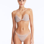 Front View: Model in Nash Silver Bikini Set- Triangle Shape, %100 Handmade Macrame, Clear Glass Drop Stoppers, Chic Design, MOEVA Luxury Swimwear