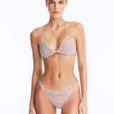 Front View: Model in Nash Silver Bikini Set- Triangle Shape, %100 Handmade Macrame, Clear Glass Drop Stoppers, Chic Design, MOEVA Luxury Swimwear