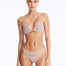 Front View: Model in Nash Silver Bikini Top - Triangle Shape, %100 Handmade Macrame, Clear Glass Drop Stoppers, Chic Design, MOEVA Luxury Swimwear