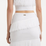 "Close-up view of the Nebula White Knit Top, capturing the intricate knit texture, bright white color, and playful fringed hemline."
