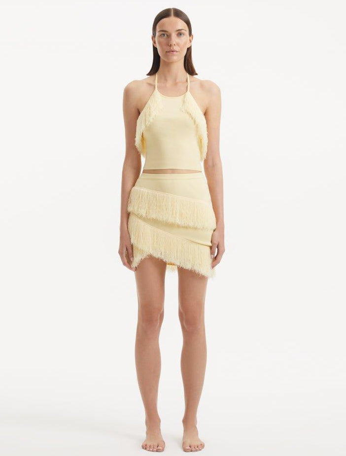 Nebula Yellow Fringe Detail Halter Knit Top | Moeva | Crop Top | Each week unveils new pieces—luxury swimwear, fluid resort silhouettes, and elevated summer-to-evening essentials designed to carry you from coastal escapes to city nights.