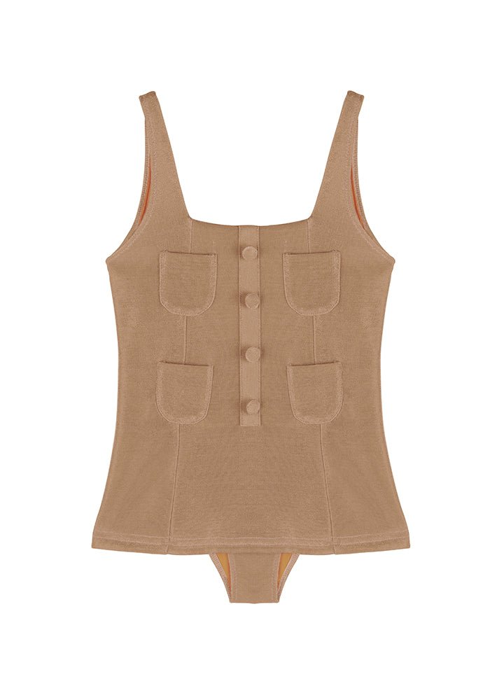 Nil Bronze Square-Neck Pocket Detail Kids Swimsuit | Moeva | Swimsuit | Each week unveils new pieces—luxury swimwear, fluid resort silhouettes, and elevated summer-to-evening essentials designed to carry you from coastal escapes to city nights.