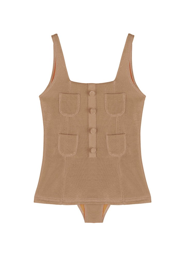 Front View of Nil Bronze Kids Swimsuit - MOEVA Luxury Swimwear, One Piece, Square Neck, Fully Lined Kids Swimsuit, MOEVA Luxury  Swimwear