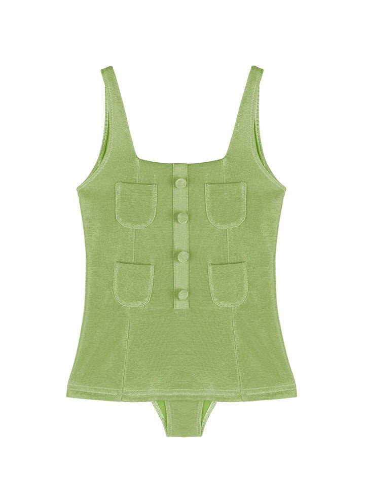 Nil Green Square-Neck Pocket Detail Kids Swimsuit | Moeva | Swimsuit | Each week unveils new pieces—luxury swimwear, fluid resort silhouettes, and elevated summer-to-evening essentials designed to carry you from coastal escapes to city nights.