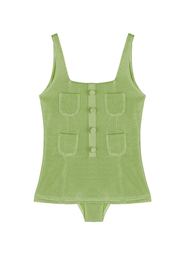 Front View of Nil Green Kids Swimsuit - MOEVA Luxury Swimwear, One Piece, Square Neck, Fully Lined Kids Swimsuit, MOEVA Luxury  Swimwear