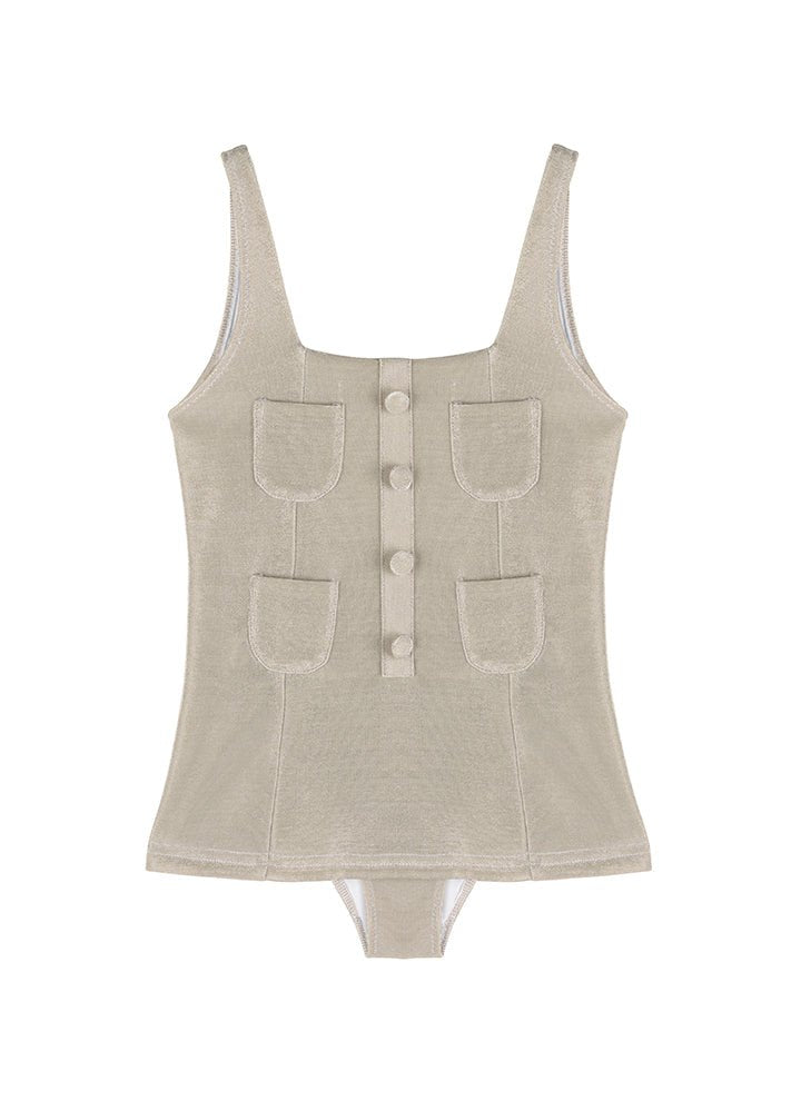 Nil Silver Square-Neck Pocket Detail Kids Swimsuit | Moeva | Swimsuit | Each week unveils new pieces—luxury swimwear, fluid resort silhouettes, and elevated summer-to-evening essentials designed to carry you from coastal escapes to city nights.