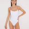 Front View: Model in Ninetta White Swimsuit - MOEVA Luxury Swimwear, Scoop Neck, Slimming Effect Stitch Detail, Adjustable Geometric Chain Straps, Removable Padding, Italian Fabric, MOEVA Luxury Swimwear 