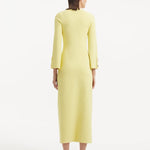 "Model showcasing the Nira Yellow Dress from the back, emphasizing the flowing, ankle-length design and the bright yellow hue. "