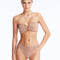 Front View: Model Wearing Nixie Bronze Bikini Set- Bandeau Shape, Chic and Accessorized, Metallic Fabric, Clear Glass Drop Shaped Accessory, MOEVA Luxury Swimwear