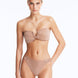 Front View: Model Wearing Nixie Bronze Bikini Set- Bandeau Shape, Chic and Accessorized, Metallic Fabric, Clear Glass Drop Shaped Accessory, MOEVA Luxury Swimwear