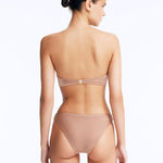 Back View: Nixie Bronze Bikini Set on Model - Stylish Two-Piece Swimsuit Top, Golden Clasps at the Back, Removable and Adjustable Straps, Fully Lined, MOEVA Luxury Swimwear