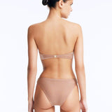 Back View: Nixie Bronze Bikini Set on Model - Stylish Two-Piece Swimsuit Top, Golden Clasps at the Back, Removable and Adjustable Straps, Fully Lined, MOEVA Luxury Swimwear