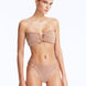 Front View: Model in Nixie Bronze Bikini Set- Classic Briefs, Chic Style, Metallic Fabric, Clear Glass Drop Shaped Accessories, MOEVA Luxury Swimwear
