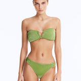 Front View: Model in Nixie Green Bikini Set - Classic Briefs, Chic Style, Metallic Fabric, Clear Glass Drop Shaped Accessories, MOEVA Luxury Swimwear