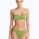Front View: Model in Nixie Green Bikini Set - Classic Briefs, Chic Style, Metallic Fabric, Clear Glass Drop Shaped Accessories, MOEVA Luxury Swimwear