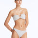 Front View: Model in Nixie Silver Bikini Bottom - Classic Briefs, Chic Style, Metallic Fabric, Clear Glass Drop Shaped Accessories, MOEVA Luxury Swimwear