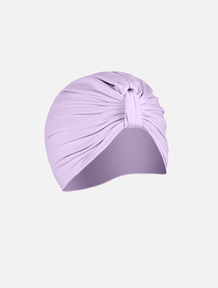 Front View: Noor Lilac Turban - Swimwear Fabric, Knot Details at Front, Soft & Smooth, 88% Polyamide 12% Elastane, Stretchy, MOEVA Luxury Swimwear 
