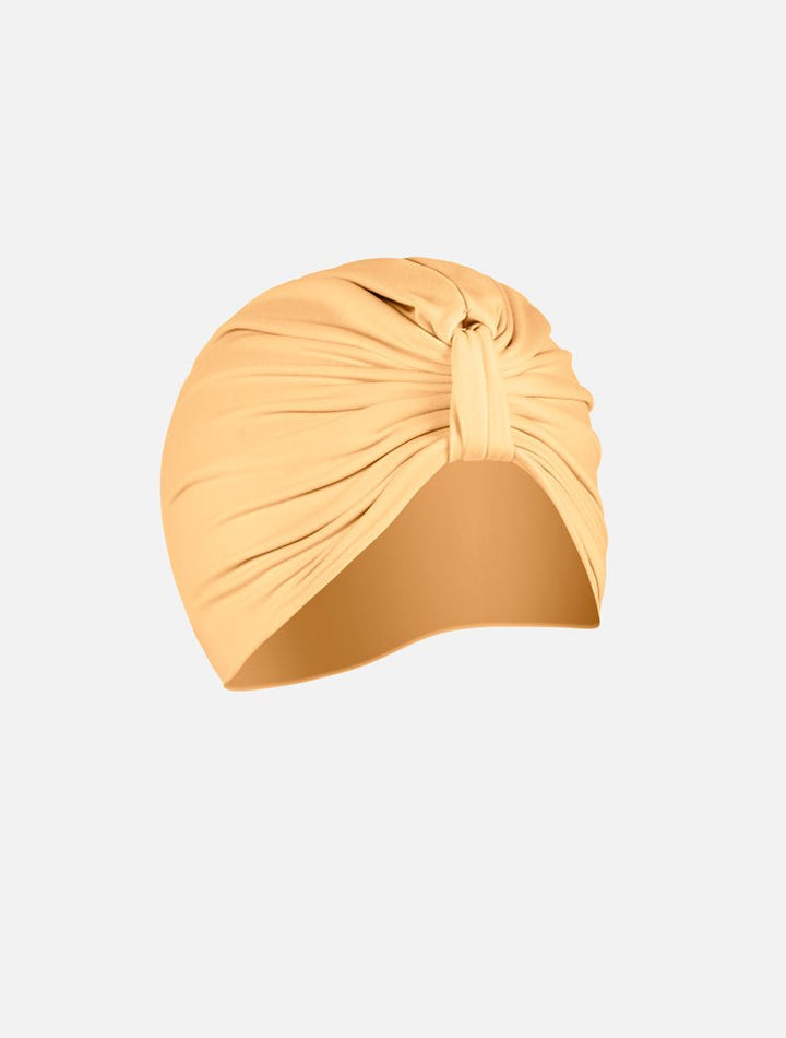 Front View: Noor Orange Turban - Swimwear Fabric, Knot Details at Front, Soft & Smooth, 88% Polyamide 12% Elastane, Stretchy, MOEVA Luxury Swimwear 