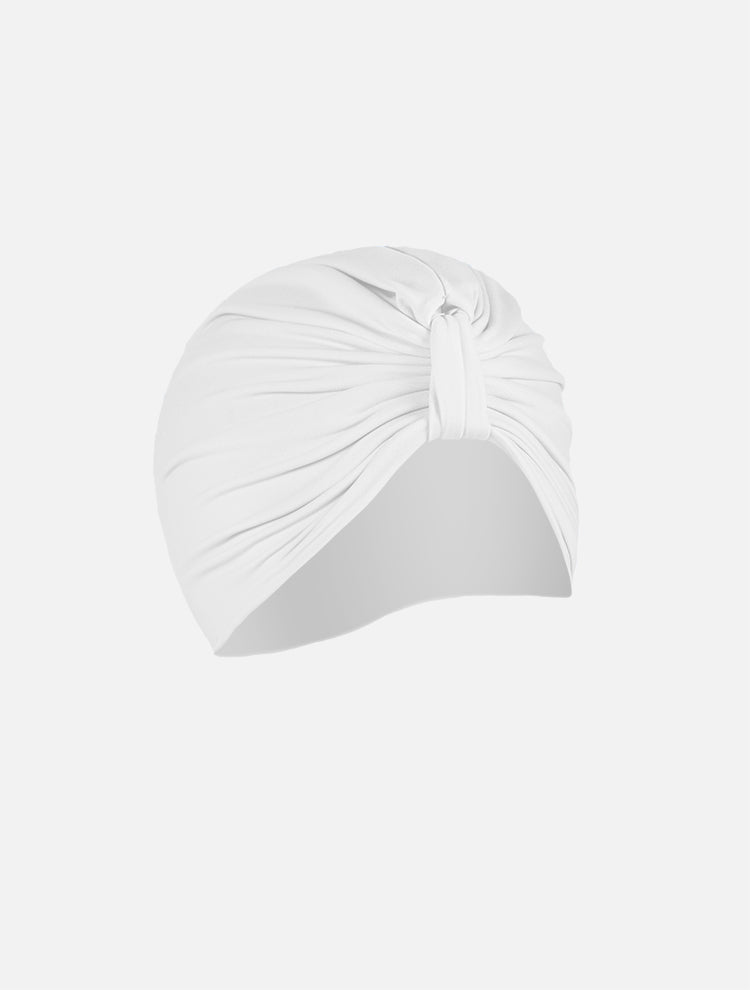 Front View: Noor White Turban - Swimwear Fabric, Knot Details at Front, Soft & Smooth, 88% Polyamide 12% Elastane, Stretchy, MOEVA Luxury Swimwear 